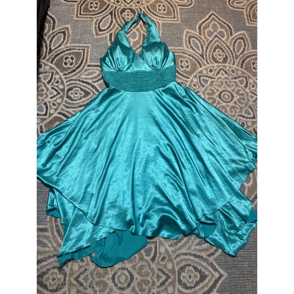Lenovia USA Turquoise Satin Halter Handkerchief Hem Rhinestone Formal Dress M - Picture 1 of 6